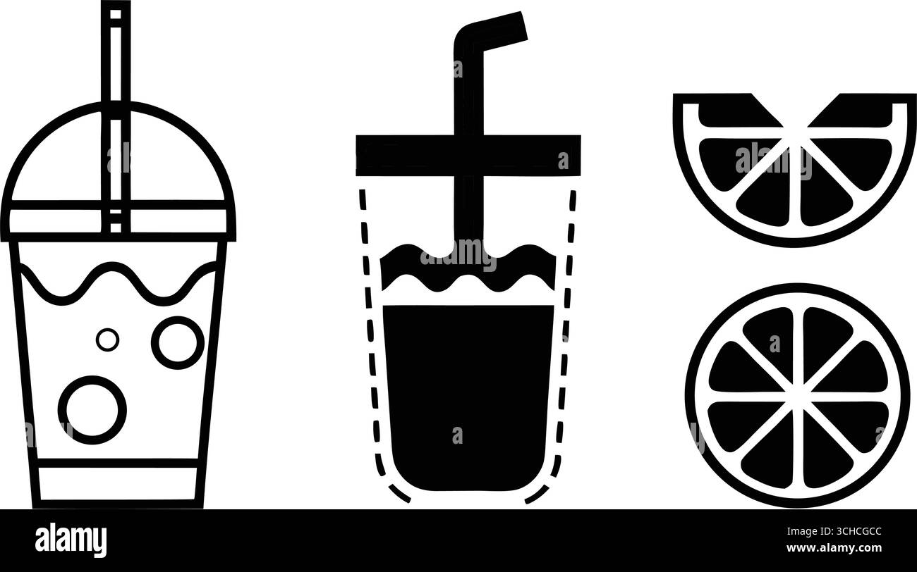 Icone succo fresco e frutta - bicchieri per bevande, fette di agrumi e simboli delle bevande illustrazione vettoriale (bianco e nero) Illustrazione Vettoriale