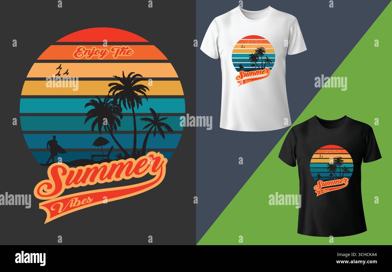 Design di t shirt rétro Sunset Palm Tree Summer Vibes Illustrazione Vettoriale
