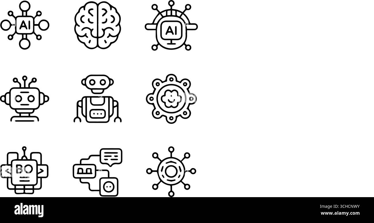 Icone della linea di intelligenza artificiale - innovazione, tecnologia, robot, macchina, illustrazione del vettore cerebrale Illustrazione Vettoriale