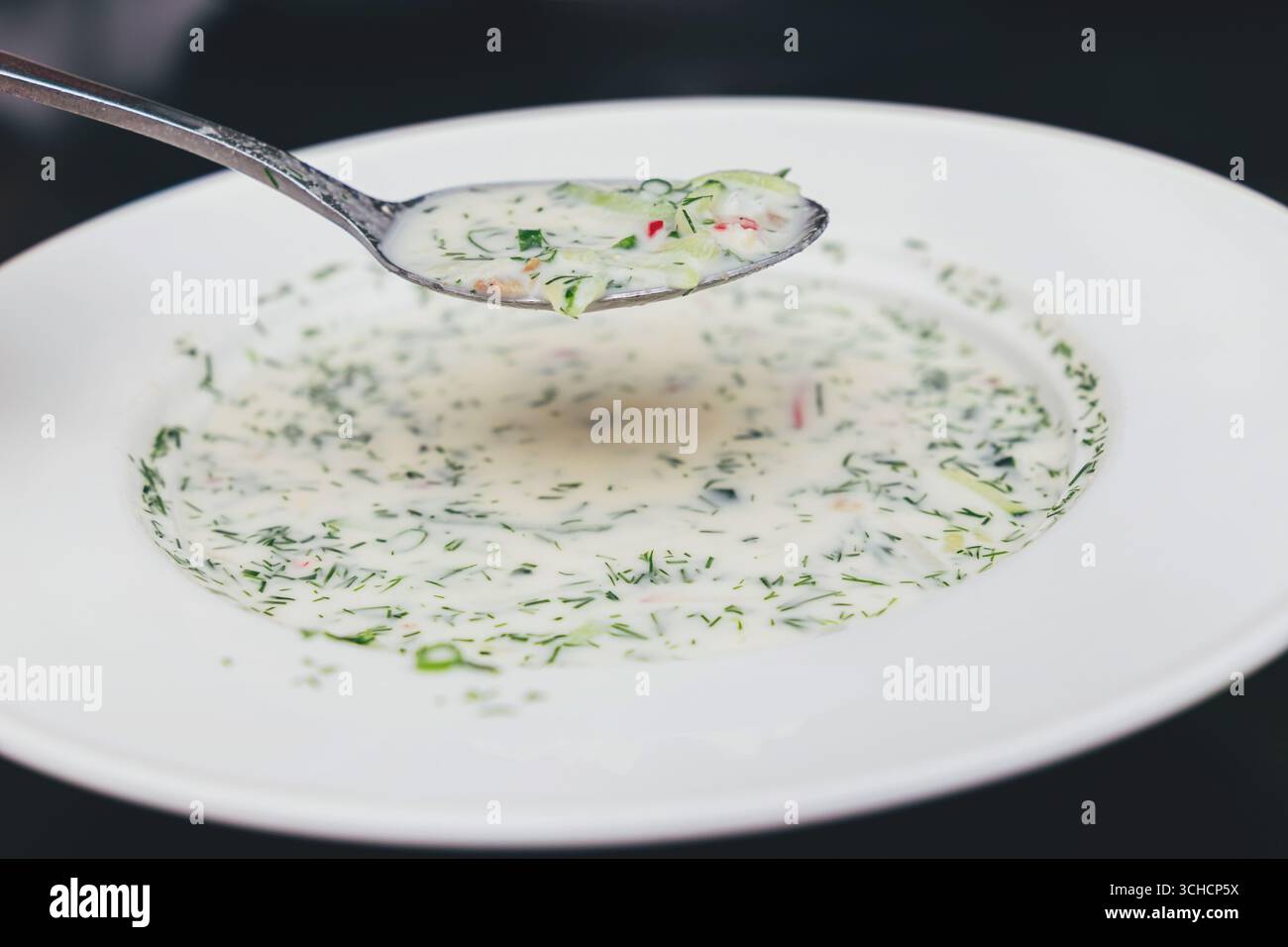 Cucchiaio di metallo che solleva una porzione di zuppa fredda estiva ripiena di verdure e cremoso kefir da un'immacolata ciotola bianca Foto Stock