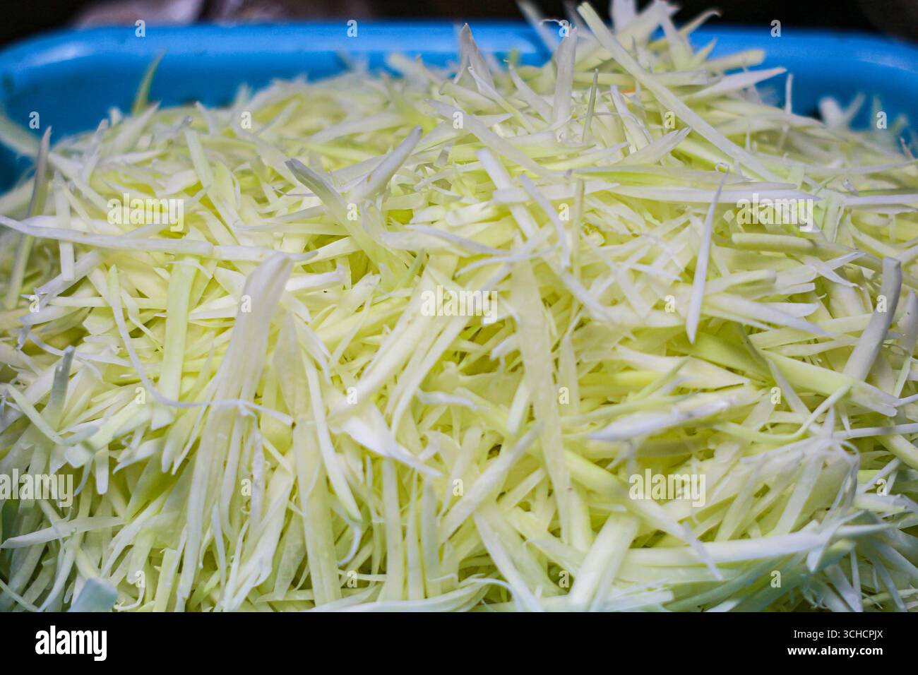 Papaya fresca grattugiata accatastata sul vassoio, ingrediente chiave per l'insalata Thai Som Tam. Popolare nei mercati di Street food e nella cucina asiatica. Foto Stock