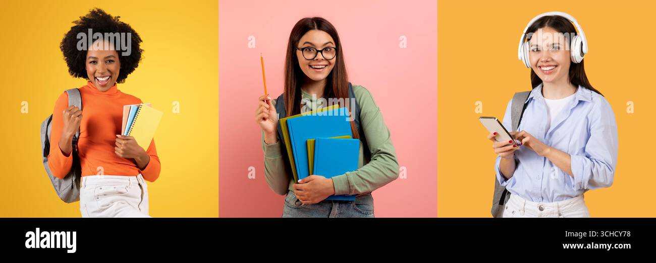 Gruppi diversi di studenti che celebrano l'istruzione con un background vivace Foto Stock