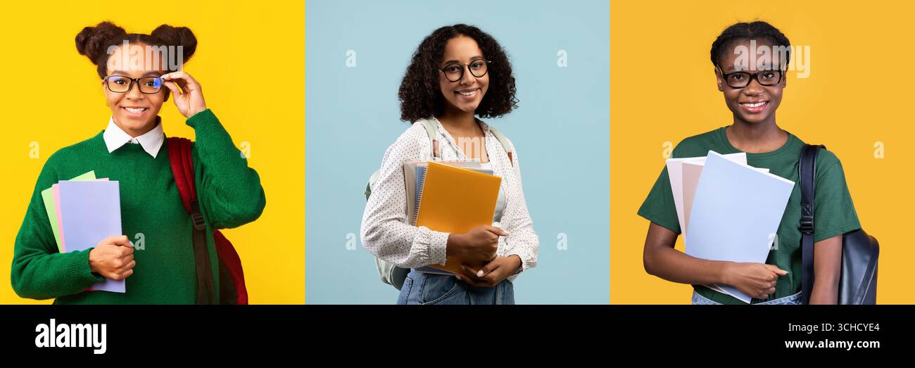 Sorridere gli studenti con materiali didattici in ambienti vivaci Foto Stock