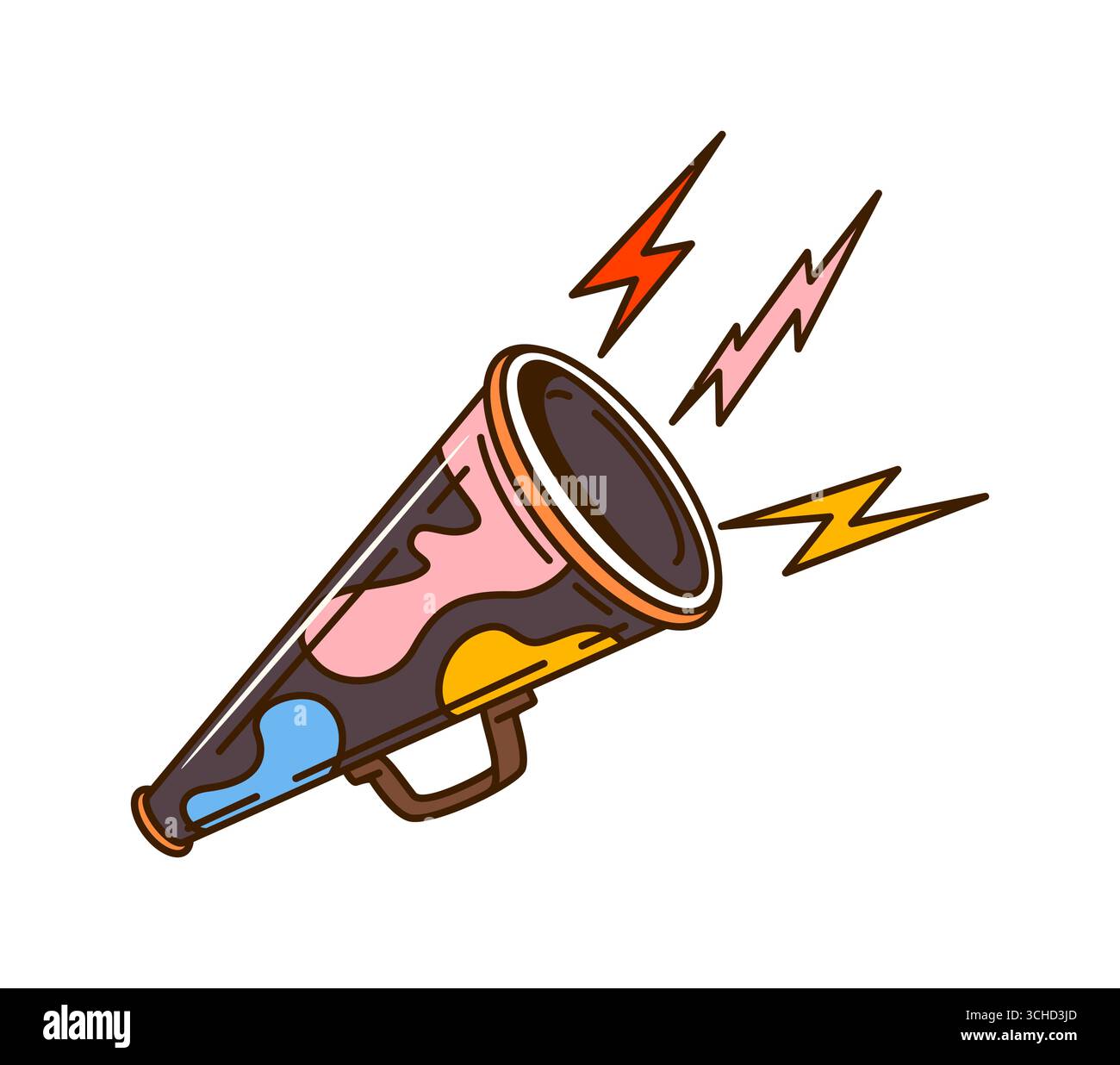 Simbolo del megafono di produzione cinematografica dei cartoni animati. Festival cinematografico e video art simbolo vettoriale d'epoca dei cartoni animati, industria cinematografica, attrezzatura Groovy anni '60. Icona hippie Y2K di produzione di supporti cinematografici Illustrazione Vettoriale