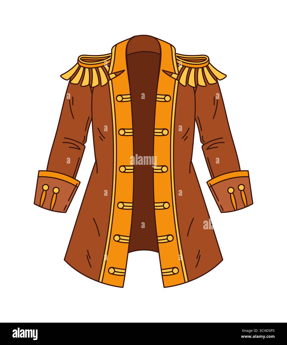 Camice in pirata cartoni animati con finiture dorate, bottoni, spalline e polsini arrotolati larghi. Abiti vettoriali in corsaro, giacca marrone che evoca l'avventura di un gioco fantasy marittimo, costume da filibuster o oggetto completo Illustrazione Vettoriale