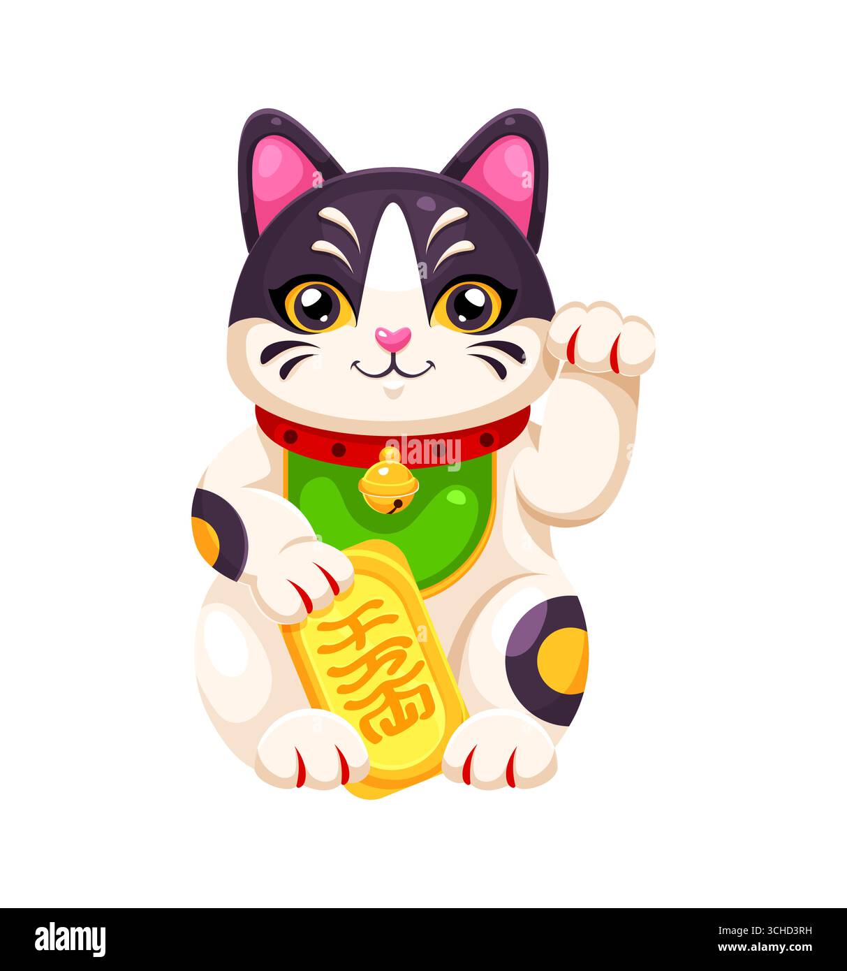 Gatto giapponese Maneki Neko sorridente con zampa rialzata che regge placca d'oro con geroglifici. Il gatto vettoriale cartoni animati presenta colori vivaci, pettorina verde con medaglione d'oro e un'accogliente espressione allegra Illustrazione Vettoriale