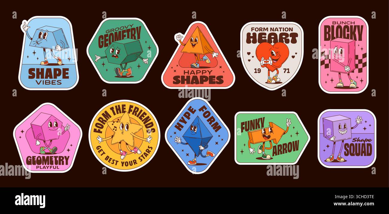 Caratteri matematici adesivi natalizi. Cubo cartoni animati Vector retro, triangolo, cuore, stella e freccia abbinati a tipografia ottimistica evocano geometria giocosa, nostalgia e positività y2k Illustrazione Vettoriale