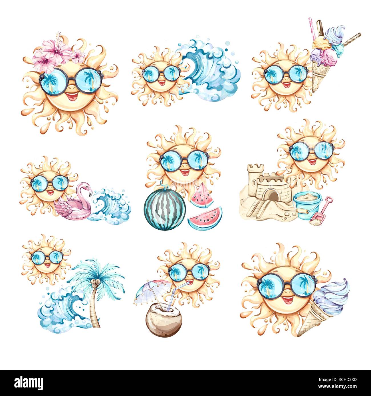 Luminose e allegre illustrazioni estive con personaggi del sole che si divertono in spiaggia con gelati, palme e onde giocose per un Foto Stock