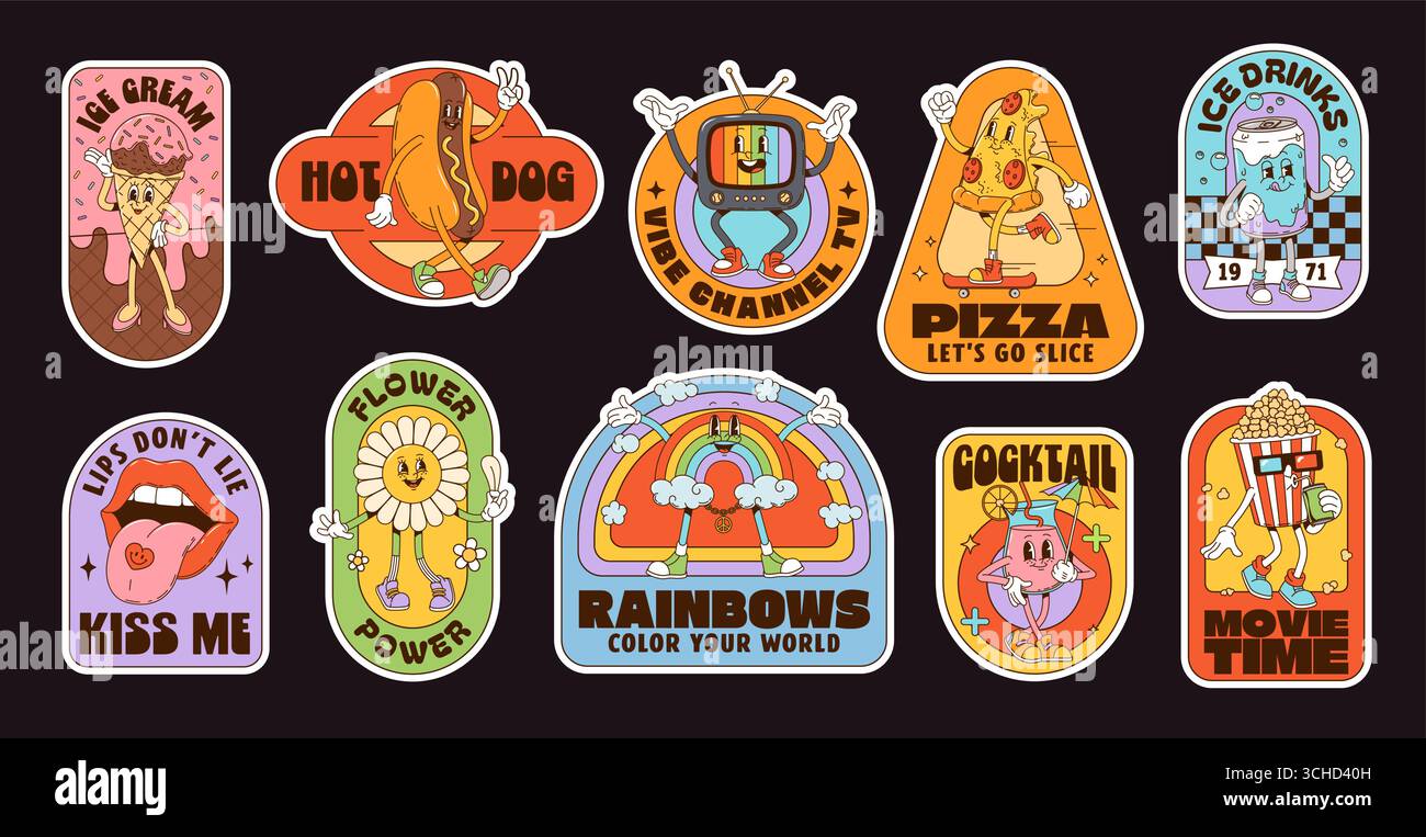 Etichette adesive scanalate. Toppe Vector retrò con divertenti spuntini cartoni animati, bevande, pizza, gelato, tv, e l'arcobaleno con nostalgici personaggi y2k floreali evocano atmosfere di cultura hippie e divertenti Illustrazione Vettoriale