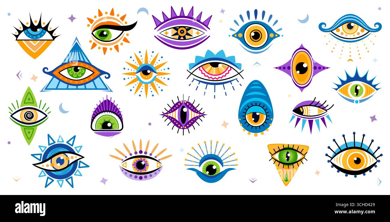 Occhi magici o occulti esoterici per la stregoneria occulta e icone vettoriali oracle providence. Cartoni animati occhi magici o occhi malvagi con ciglia per astrologia, tarocchi esoterici o sacri segni occulti Illustrazione Vettoriale