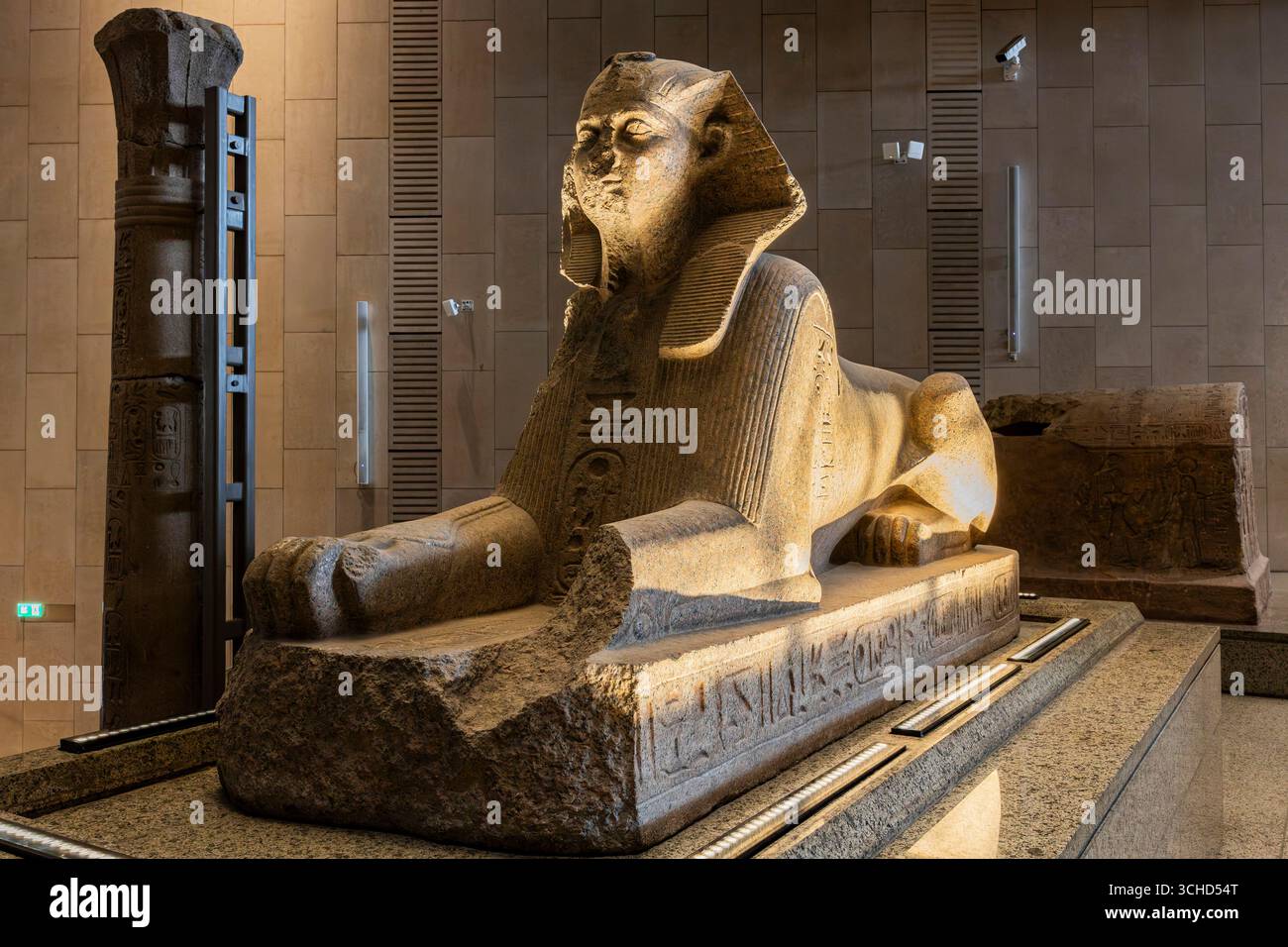Il Grand Egyptian Museum (GEM), la galleria Grand Stair, la Sfinge dei re Ramses II e Merenptah, dal tempio di Amon a Tanis, Giza, Egitto, Nord Africa, Africa Foto Stock