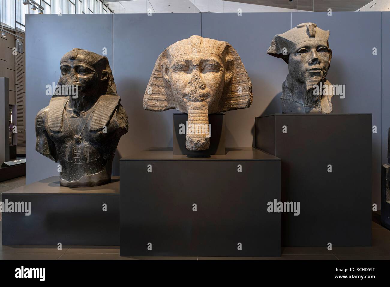 Grand Egyptian Museum (GEM), Galleria principale, statua dei re (Senwosret i, Amenemhat III a sinistra e al centro), Giza, Egitto, Nord Africa, Africa Foto Stock