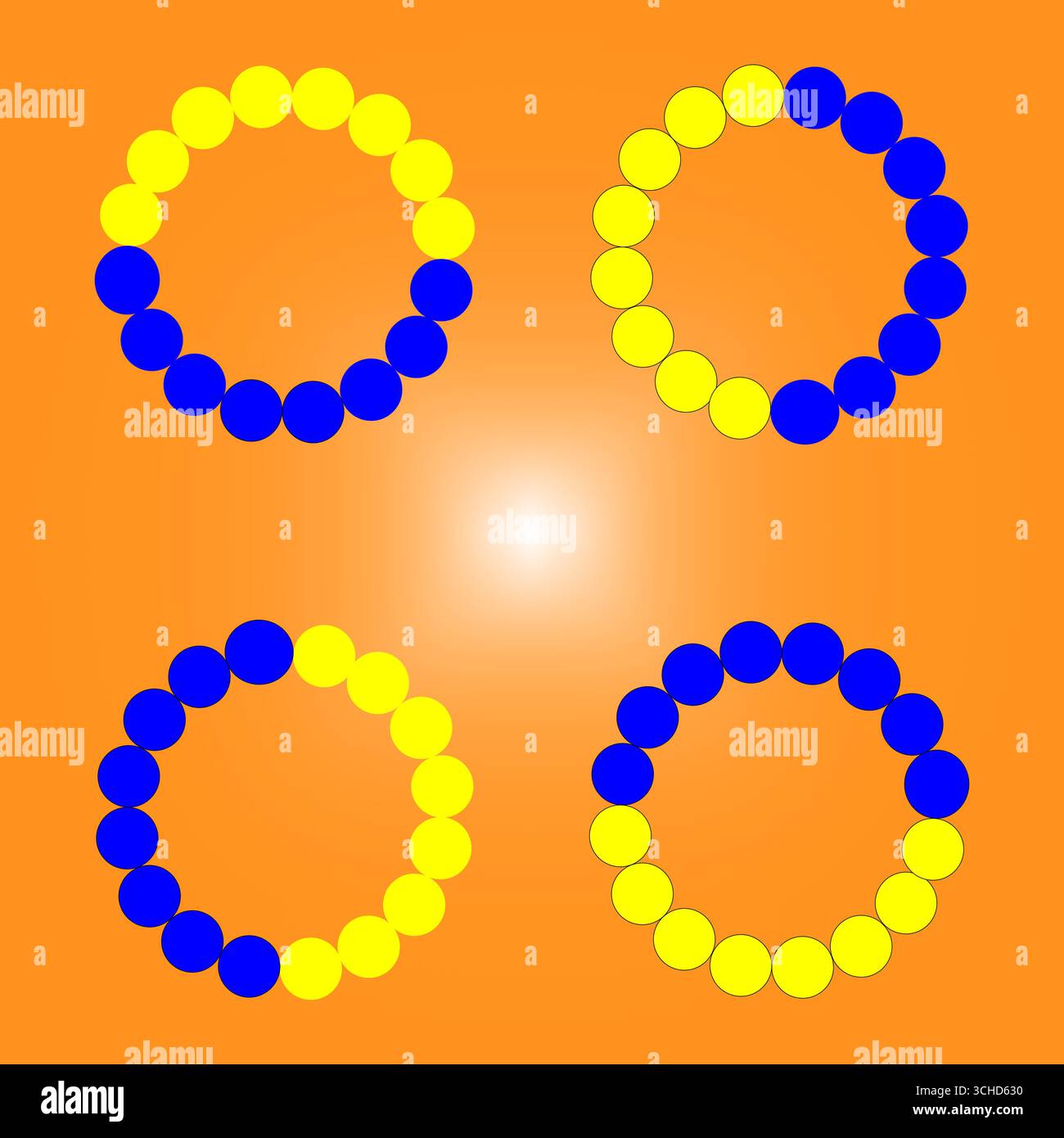 Ripetizione circolare astratta. Palle gialle blu. Quattro anelli decorativi. Ornamento vettoriale natalizio. Illustrazione Vettoriale
