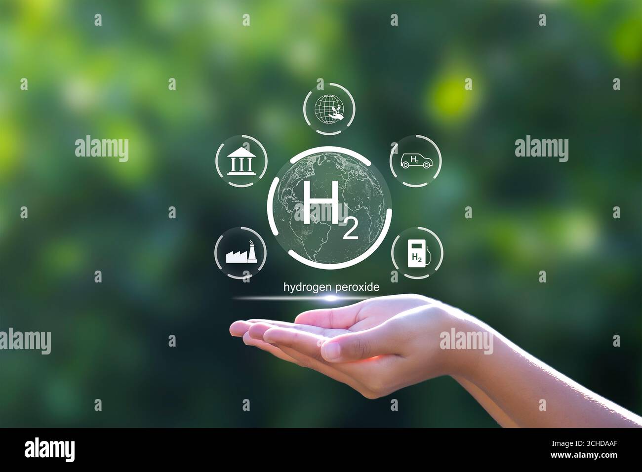 Concetto di energia a idrogeno pulito e H2 per un ambiente sostenibile. Industria ecocompatibile e clima.energia alternativa in futuro per zero netto Foto Stock