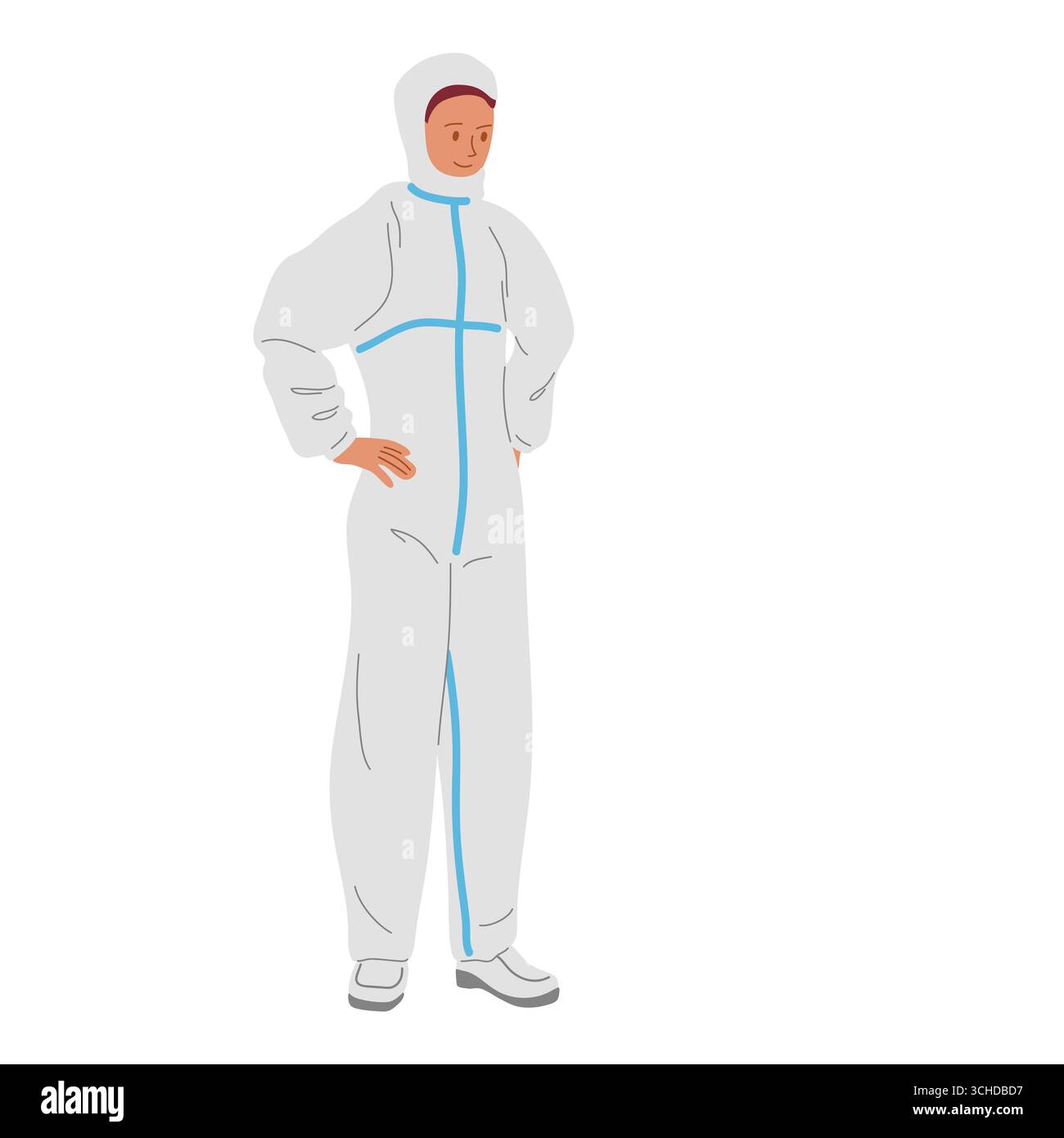 Operatore sanitario in tuta protettiva in piedi con sicurezza al chiuso durante la crisi sanitaria Illustrazione Vettoriale