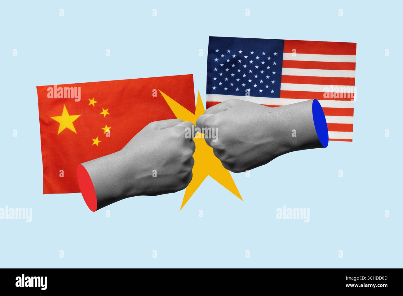 Combatti con le bandiere degli Stati Uniti e della Cina su uno sfondo colorato. Arte collage della guerra tariffaria tra gli Stati Uniti d'America vers Foto Stock