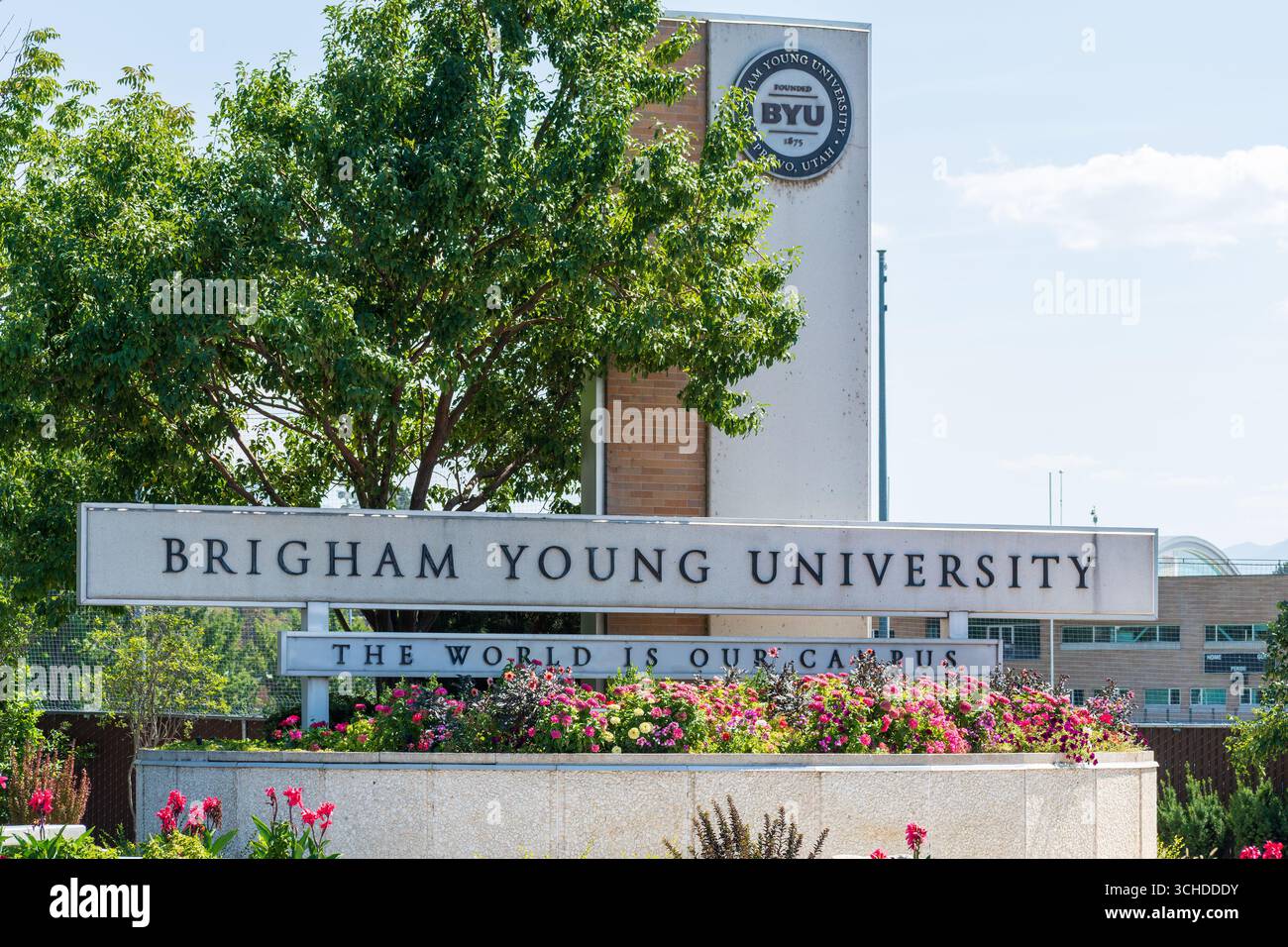Provo, Utah, USA – 1 settembre 2025: Ingresso al campus della Brigham Young University. Foto Stock