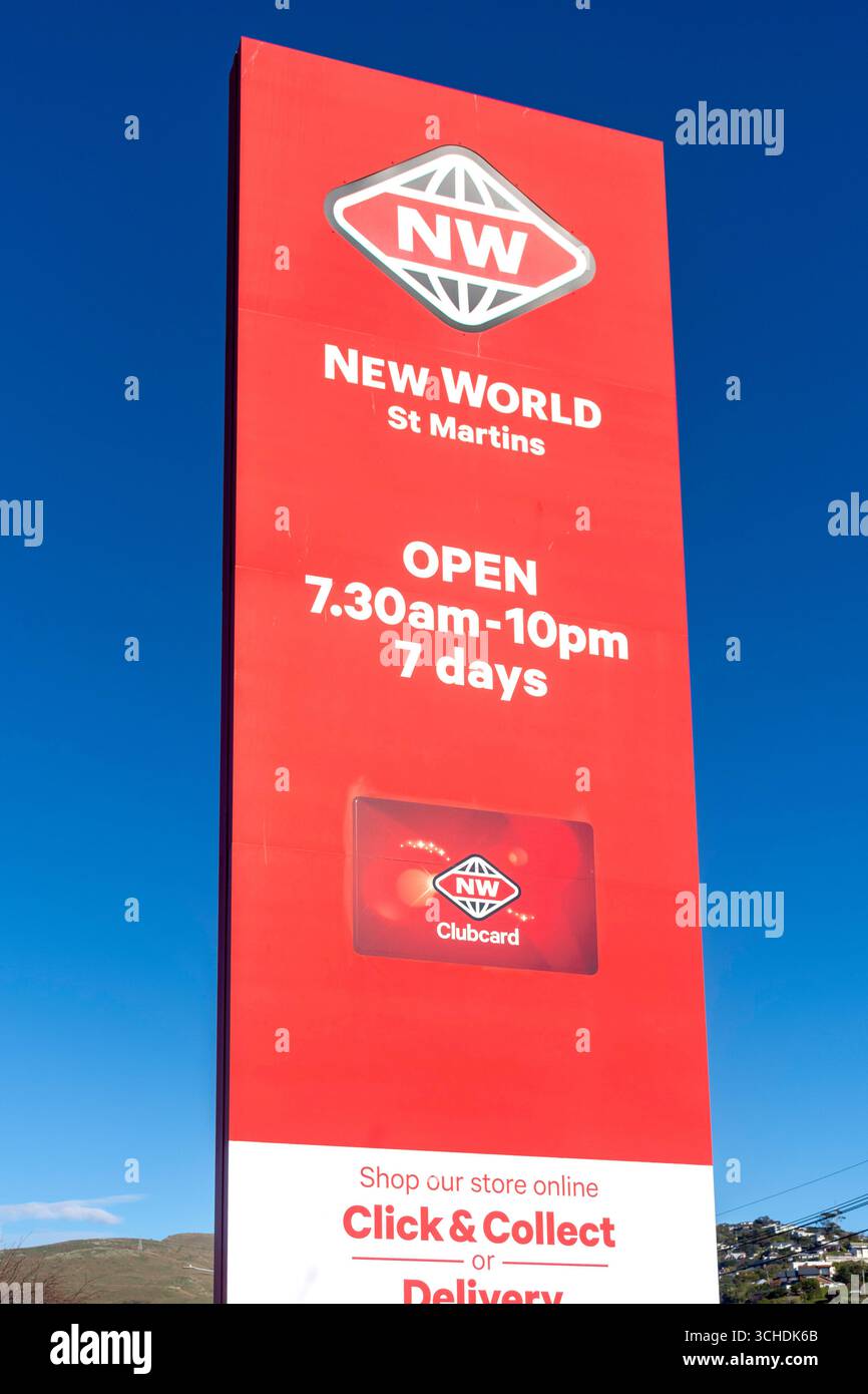 Cartello New World Supermarket, Wilsons Road, St Martins, Christchurch (Ōtautahi), Canterbury Region, nuova Zelanda Foto Stock