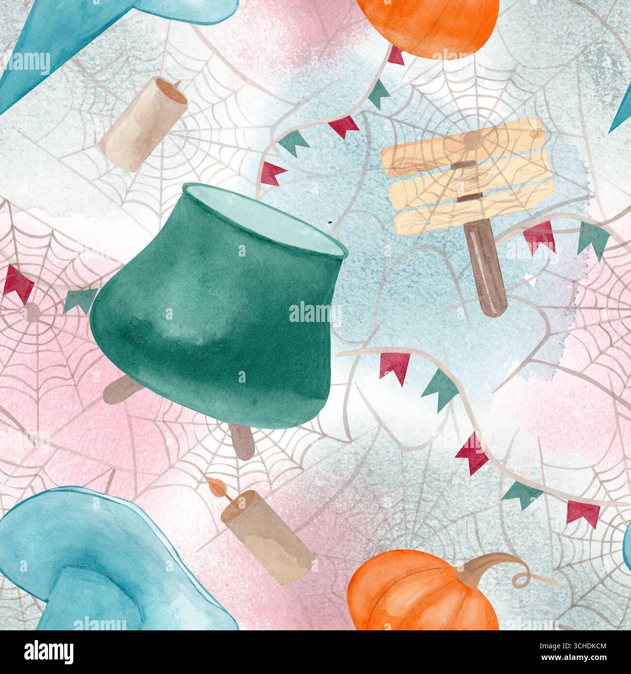 Motivo Halloween con acquerello senza cuciture con calderoni, cappelli da streghe, zucche, candele, insegne di legno, bunting e ragnatele. Disegnato a mano colorato Foto Stock