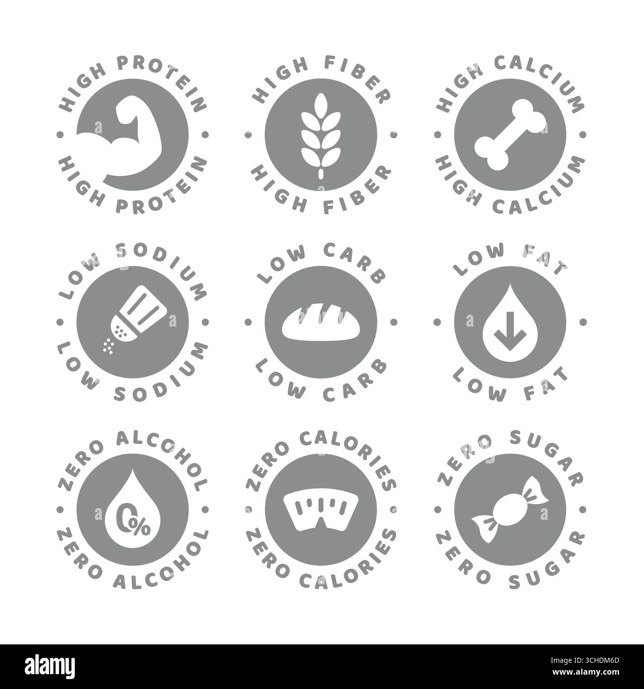 Etichette ad alto contenuto di calcio, fibre e proteine. Set di etichette vettoriali a basso contenuto calorico, zero zucchero e basso contenuto di sodio. Illustrazione Vettoriale