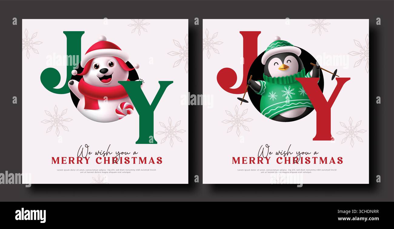 Buon Natale DIVERTITI con i personaggi dell'orso polare e dei pinguini per i disegni dei biglietti d'auguri natalizi Illustrazione Vettoriale