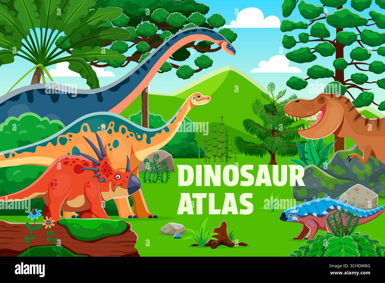 Modello vettoriale di copertina del libro dei dinosauri preistorici atlas con animali dinosauri cartoni animati. Simpatici tyrannosaurus, styracosaurus e shunosaurus nel paesaggio preistorico della foresta della giungla Illustrazione Vettoriale