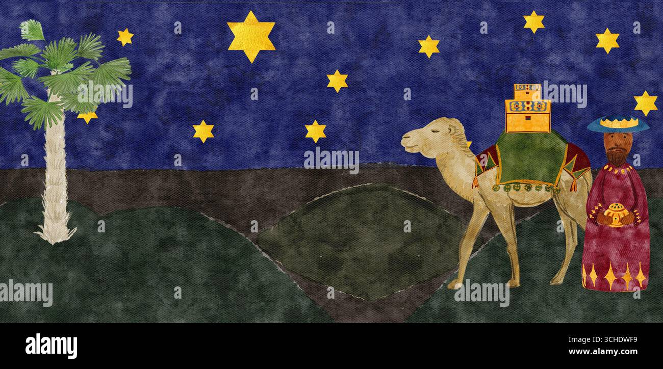 Uomo saggio con un dono, cammello protagonista, cielo stellato notturno, palma nel deserto. Opere d'arte bibliche natalizie ideali per carte, libri di fiabe, decorazioni, feste Foto Stock