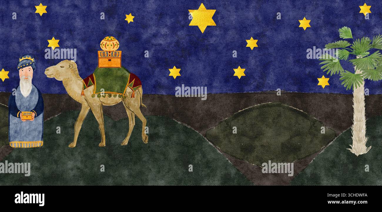 Uomo saggio con un dono, cammello protagonista, cielo stellato notturno, palma nel deserto. Opere d'arte bibliche natalizie ideali per carte, libri di fiabe, decorazioni, feste Foto Stock