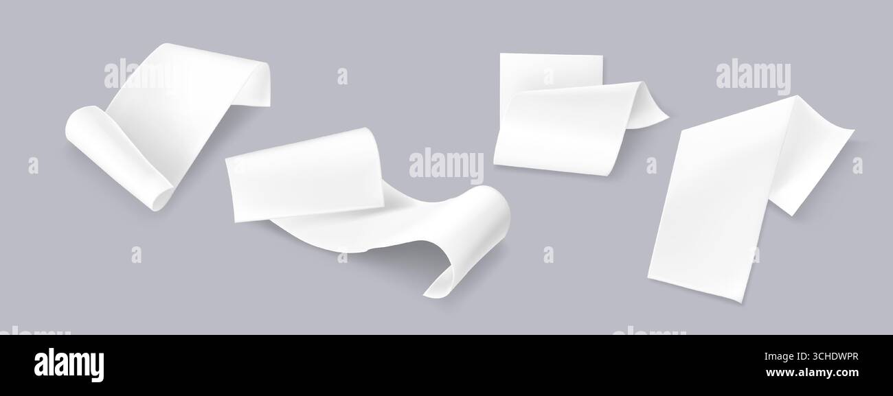 Fogli di carta per ricevute vuoti con bordi curvi e piegati che fluttuano su sfondo grigio per i documenti finanziari. Modelli di fattura bianchi in varie posizioni per modelli di contabilità o di pagamento. Illustrazione Vettoriale
