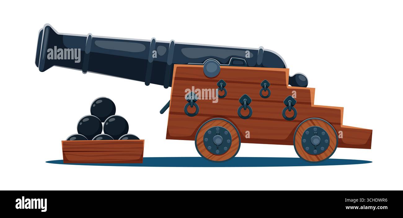 Cannone cartoni animati arma da guerra pirata con palle di cannone impilate in una cassa di legno, montata su una carrozza di legno con anelli di ferro e ruote. Antica pistola vettoriale per la guerra navale, il gioco o le battaglie storiche Illustrazione Vettoriale