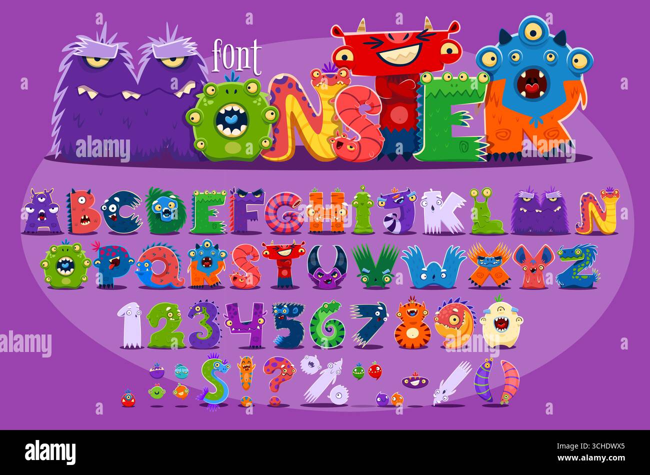 Caratteri strani, carattere fantasy alieno, caratteri carini e stravaganti, lettere e numeri dell'alfabeto inglese di Halloween tipografia vettoriale. Cartoni animati alieni, yeti, troll e mostri velati Illustrazione Vettoriale
