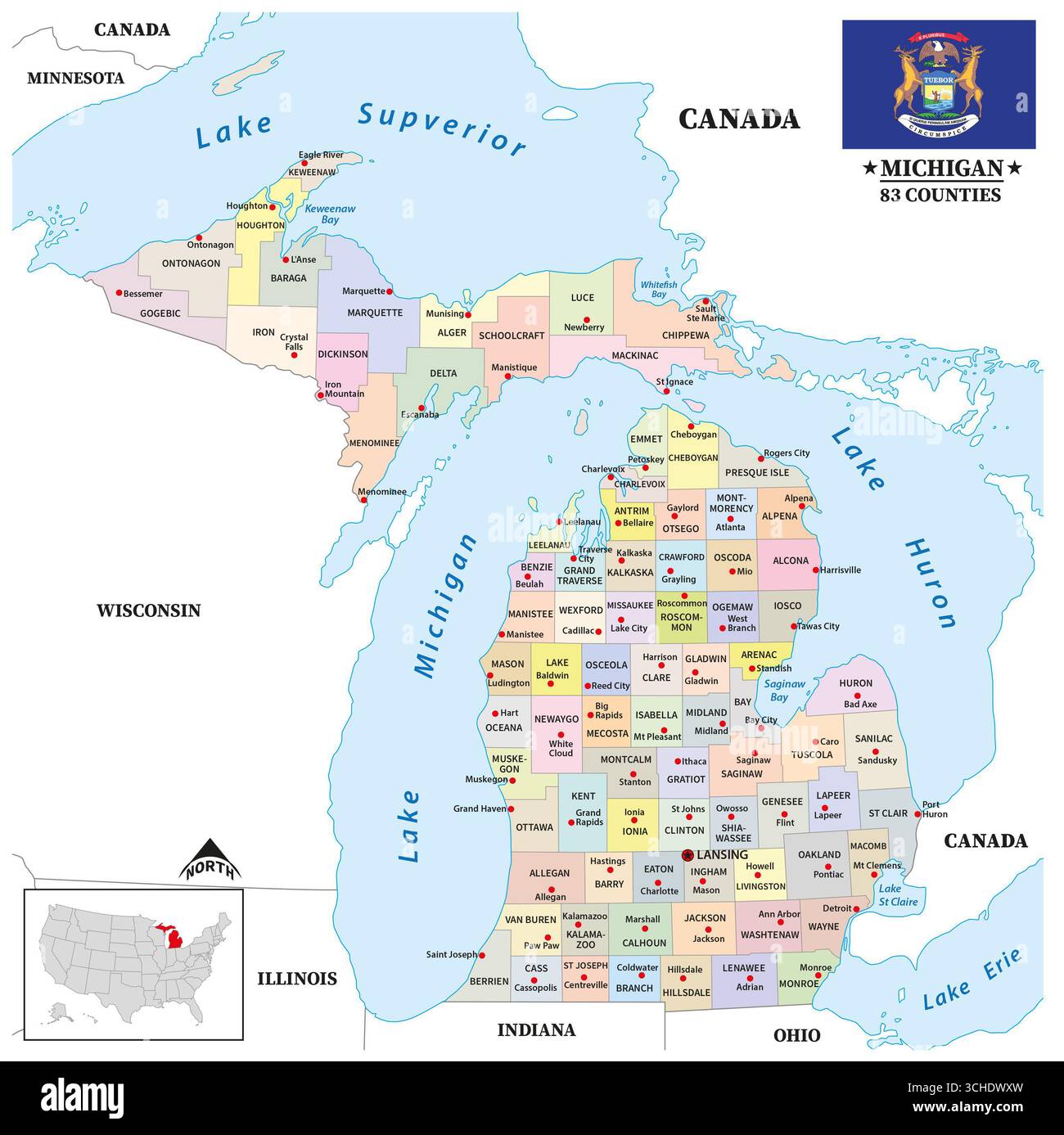 Mappa della contea dello stato americano del Michigan.jpg Foto Stock