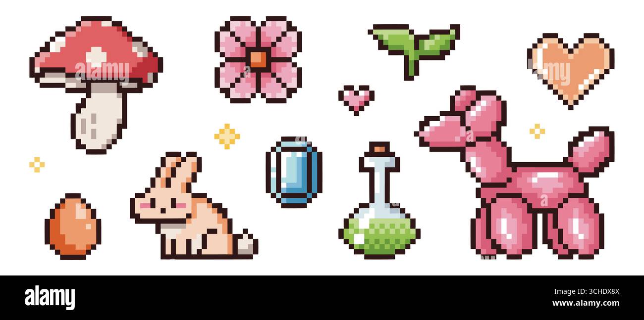 Set di icone pixel con funghi a 8 bit, fiore rosa e palloncino per un'estetica di gioco rétro. Coniglietto e germoglio carini, bottiglia di pozione e cuore d'arancia. Elementi arcade nostalgici per il design vintage y2k Illustrazione Vettoriale