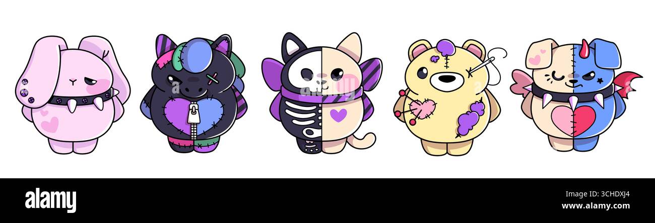 Creature di peluche gotiche con coniglietto, cavallo nero e gatto scheletro per un design kawaii alternativo. Orso cucito con toppe, cucciolo demone con corna. Personaggi di peluche Emo per appunti scuri e spaventosi. Illustrazione Vettoriale
