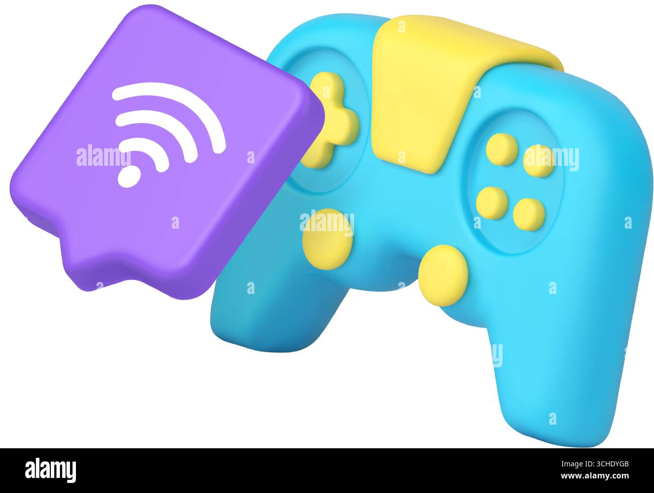 Gamepad wireless blu e bolla di chat viola con simbolo Wi-Fi per giochi, streaming, web design, interfaccia utente e tecnologia. icona 3d ill vettore realistico Illustrazione Vettoriale