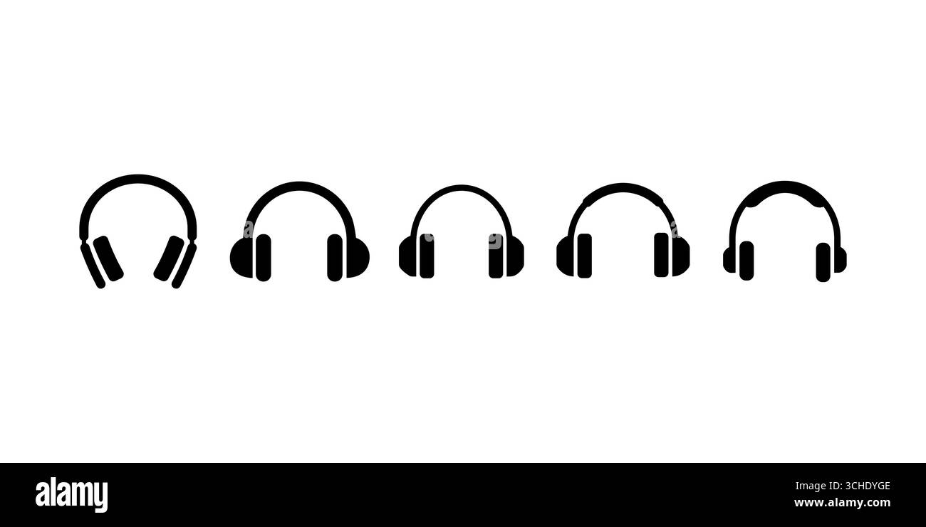Un set di cuffie con icona lineare. Etichetta grafica Web dell'auricolare. Simbolo del suono. Dispositivo per l'ascolto di musica. O firma per il negozio online, i siti e. Illustrazione Vettoriale