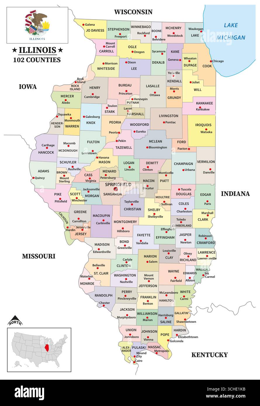 Mappa della contea dello stato americano dell'Illinois Foto Stock