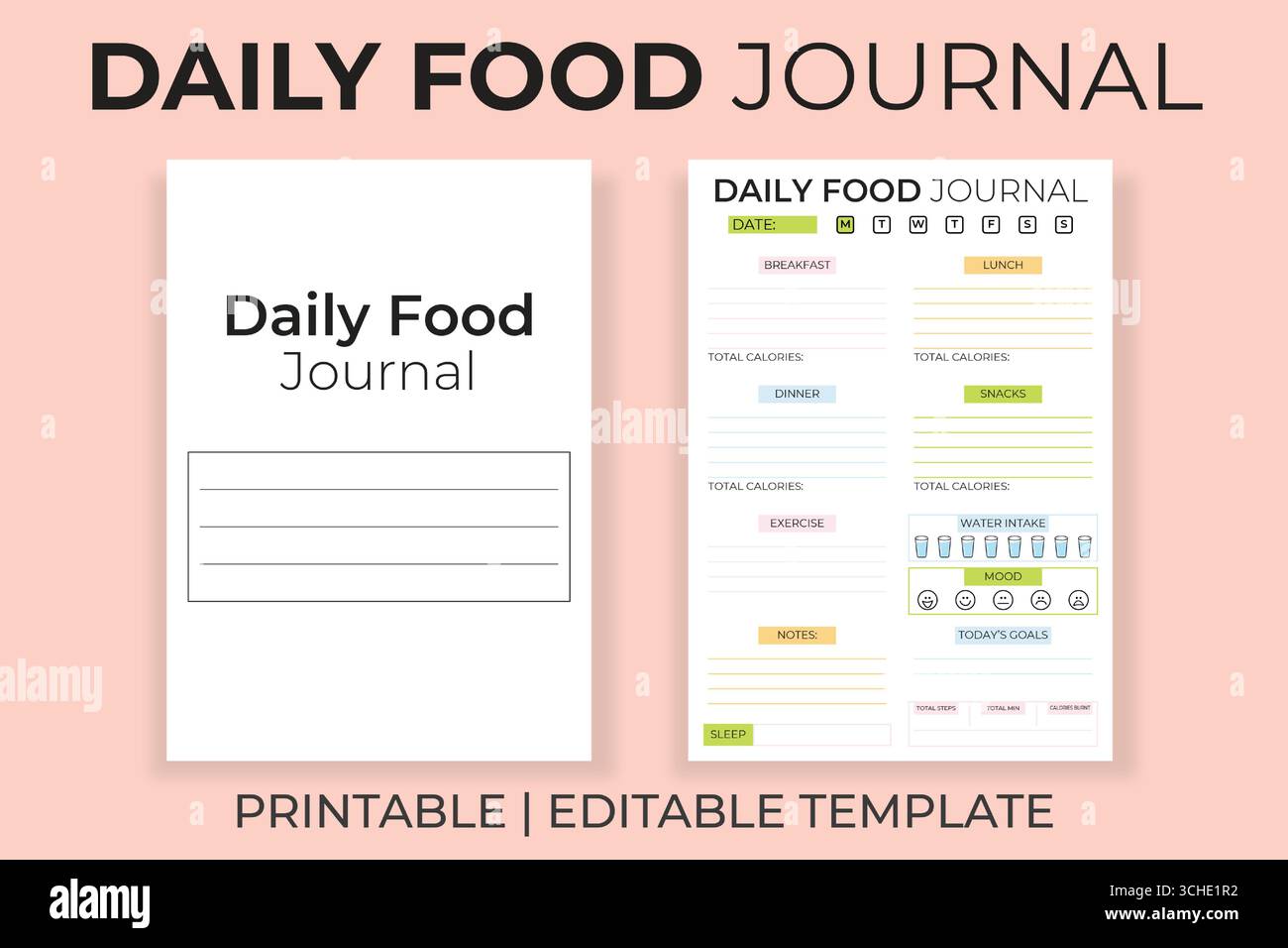 Un Daily Food Journal e Health Tracker modificabile e PrintableTemplate Illustrazione Vettoriale