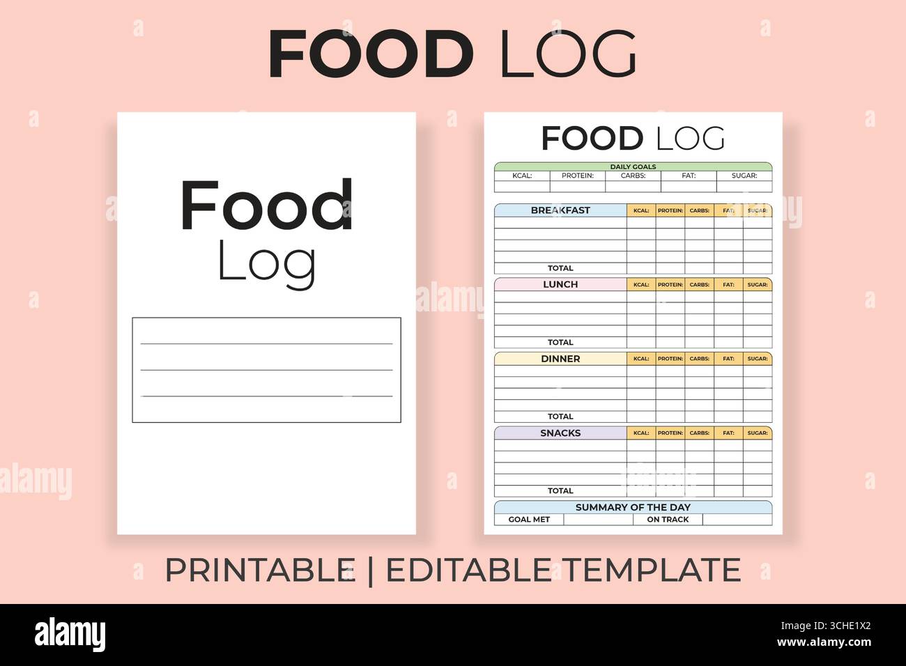 Un registro alimenti e un modello modificabile e stampabile per il tracciamento delle macro Illustrazione Vettoriale