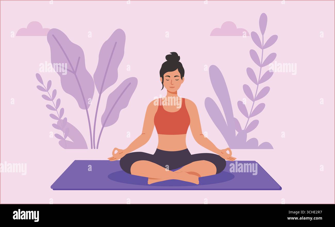 Donna calma che medita Mindfulness e Peace Lotus pose Meditazione Illustrazione Vettoriale