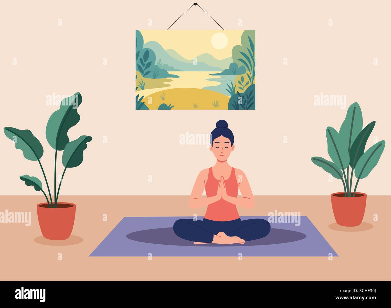 Home Yoga Practice Warrior posa al chiuso routine di esercizio consapevole benessere e relax Illustrazione Vettoriale