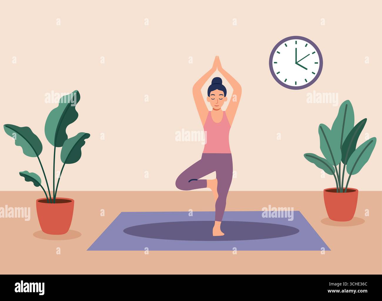 Home Yoga Practice Warrior posa al chiuso attenta routine di esercizio Illustrazione Vettoriale