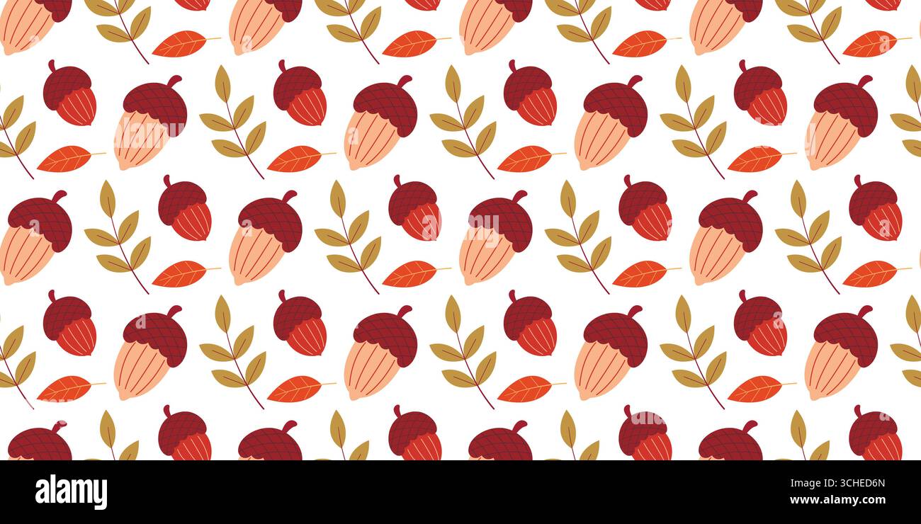 Accogliente motivo autunnale con ghiande e ramoscelli. Stagione autunnale sullo sfondo della foresta. Stampa estetica autunnale naturale, grafica vettoriale Illustrazione Vettoriale