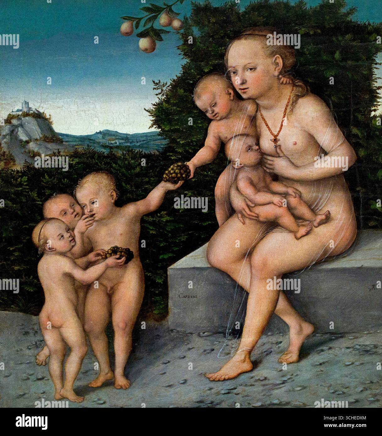 Carità di Lucas Cranach il giovane (1515-1586) Germania tedesca , ( Caritas è latina e significa carità o, in alternativa, amore. Questa è una delle sette virtù cardinali del cristianesimo: Prudenza, giustizia, coraggio, temperanza, fede, speranza e amore. Nell'arte, la caritas è spesso simboleggiata da un cuore, a volte da un cuore ardente, o raffigurata come una donna circondata da bambini piccoli. Foto Stock