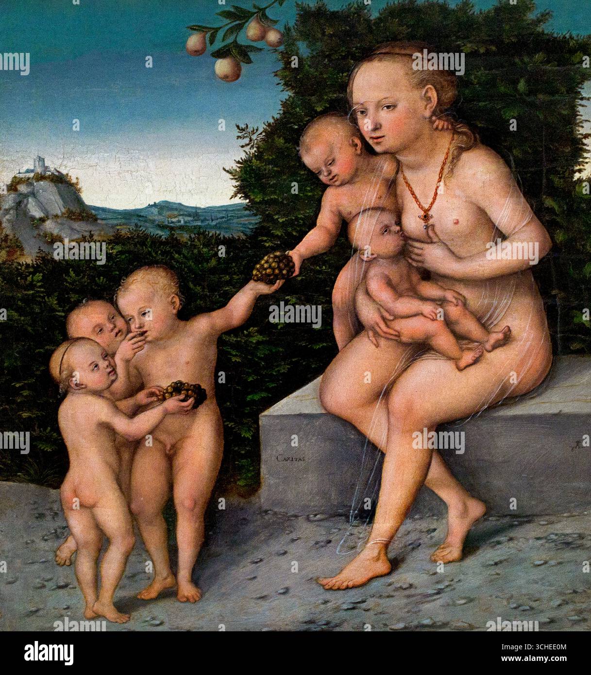 Carità di Lucas Cranach il giovane (1515-1586) Germania tedesca , ( Caritas è latina e significa carità o, in alternativa, amore. Questa è una delle sette virtù cardinali del cristianesimo: Prudenza, giustizia, coraggio, temperanza, fede, speranza e amore. Nell'arte, la caritas è spesso simboleggiata da un cuore, a volte da un cuore ardente, o raffigurata come una donna circondata da bambini piccoli. Foto Stock