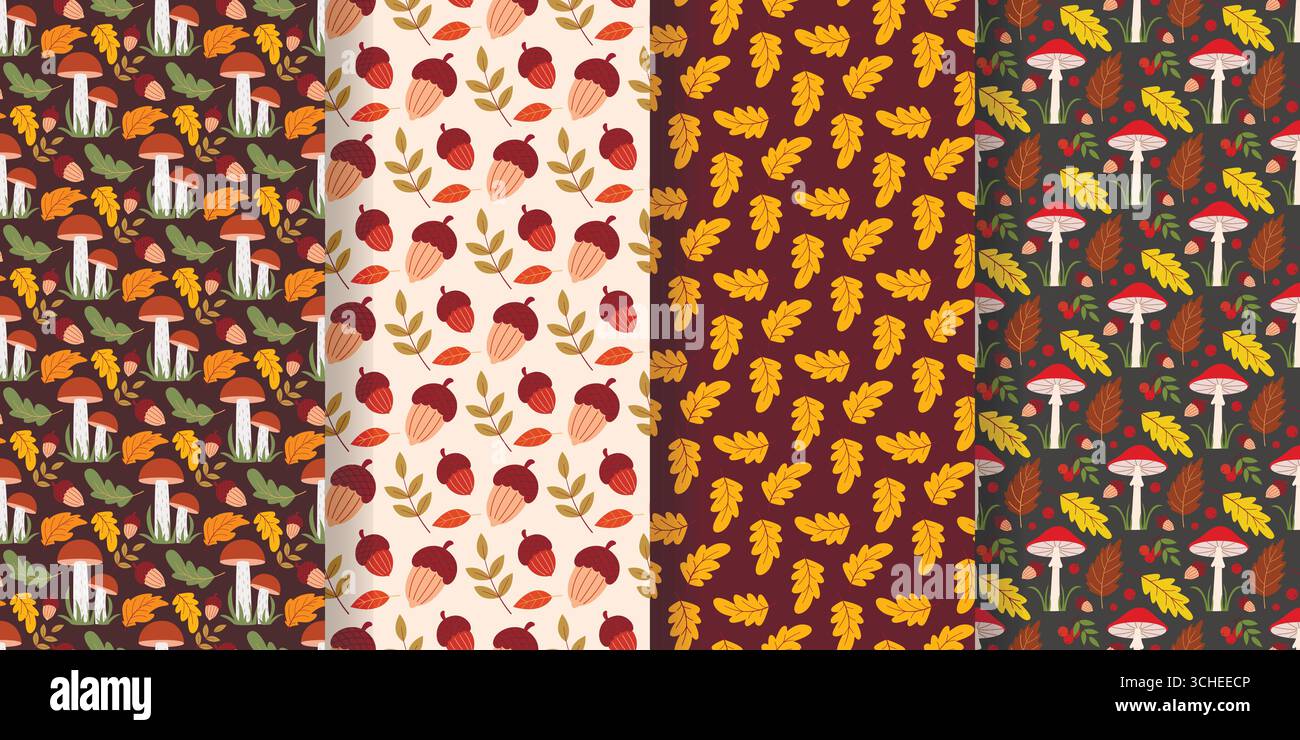 Collezione di motivi senza cuciture della foresta autunnale. Sfondi estetici per la stagione autunnale. Stampa con fogliame, frutti di bosco, ghiande e funghi, vettoriale Illustrazione Vettoriale