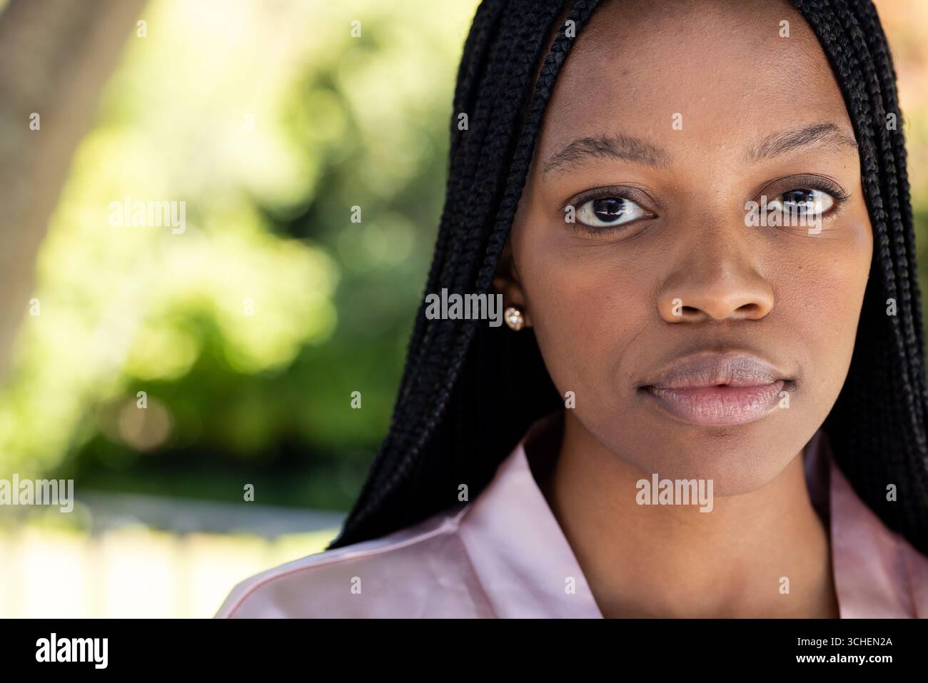 Giovane donna afroamericana con capelli intrecciati in piedi, guardando con fiducia alla macchina fotografica, copiare spazio Foto Stock