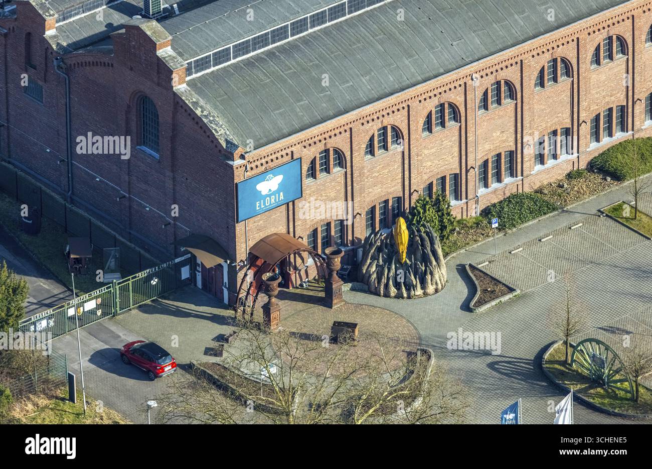 Vista aerea, parco a tema ELORIA - Erlebnisfabrik, edificio della miniera Prosper II su Knappenstrasse, area d'ingresso, Batenbrock-Sued, Bottrop, zona della Ruhr, N Foto Stock