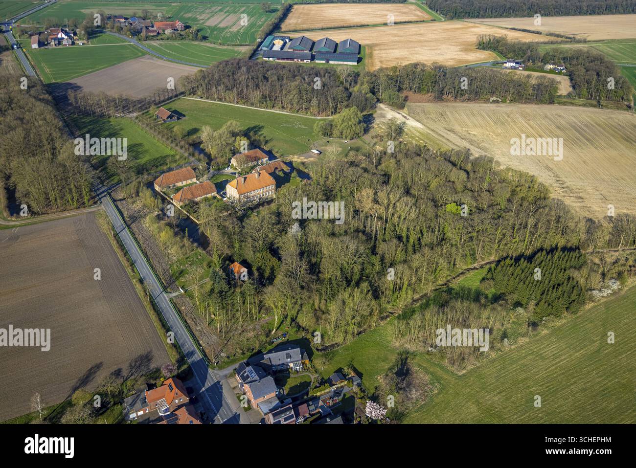 Vista aerea, Haus Venne, complesso del castello e castello con fossati, vista del XVIII secolo, progetto di Lambert Friedrich von Corfey, Mersch, Drensteinfurt, Muenster Foto Stock