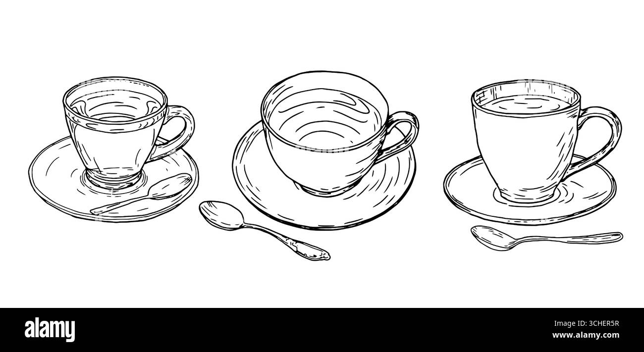 Tazze in porcellana con tè, schizzo in inchiostro bianco e nero. Illustrazione vettoriale. Un set di tazze da caffè e un cucchiaio, isolati su sfondo bianco. Il tema Illustrazione Vettoriale